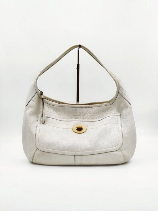 Coach Handbags - Coach White Pebbled Leather Turnlock Hobo Shoulder Bag Tote Purse